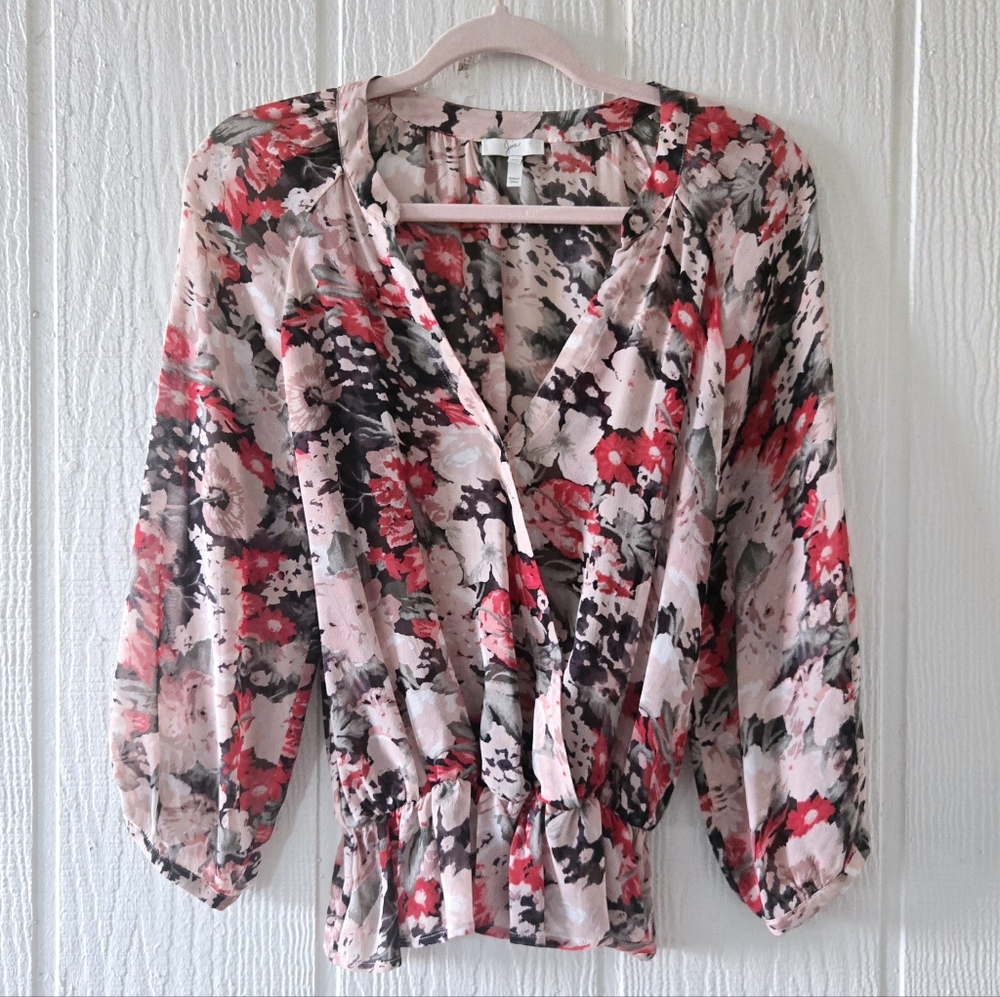 Joie 100% Silk Floral Surplice V Neck Faux Wrap Elastic Waist Longsleeve XS